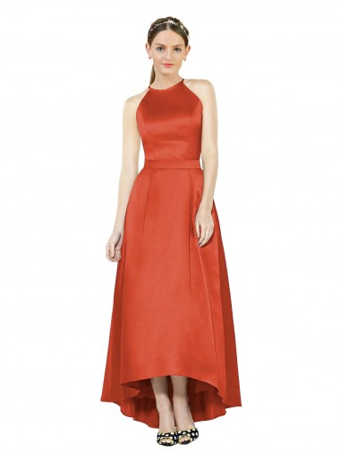 Cheap Full Length Halter Satin Bridesmaid Dress with Hi-Low Hem Detail UK