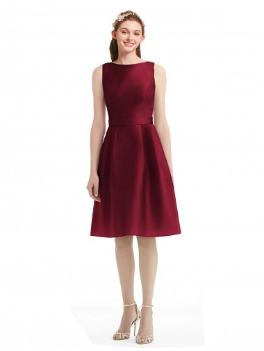 Cheap Short Midi Length Satin Cocktail Bridesmaid Dress with Bateau Neckline and V-Back UK