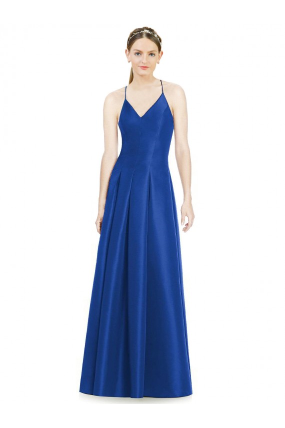 Cheap Full Pleated V-Neck Long Satin Bridesmaid Dress with Criss Cross Open Back UK