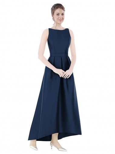 Cheap Full Length Sleeveless Long Satin Bridesmaid Dress with High Low Hem Detail UK