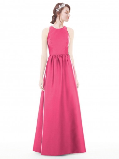 Cheap Jewel Neck Keyhole Back Sleek Long Satin Bridesmaid Dress UK