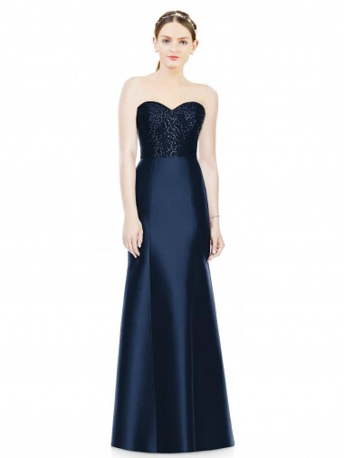 Cheap Full Length Strapless Satin Bridesmaid Dress with Lace Sweetheart Neckline UK