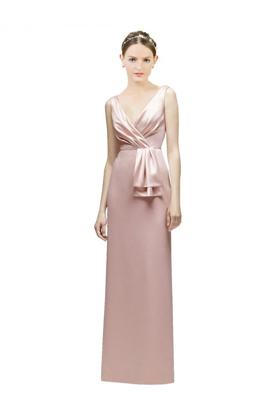Cheap Sleeveless V-Neck Long Satin Bridesmaid Dress with Draped Bodice and Tiered Bow UK