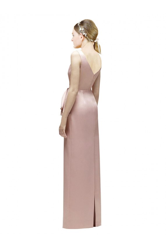 Cheap Sleeveless V-Neck Long Satin Bridesmaid Dress with Draped Bodice and Tiered Bow UK