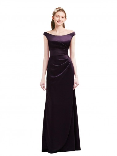 Cheap Off The Shoulder Long Satin Bridesmaid Dress with Asymmetrical Pleated Bodice UK