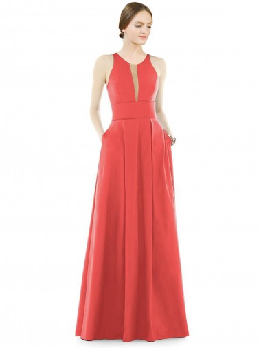 Cheap Sheer V-Neck Tulle Illusion Long Satin Bridesmaid Dress UK