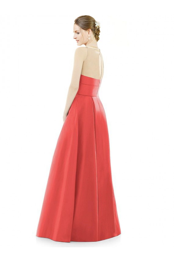 Cheap Sheer V-Neck Tulle Illusion Long Satin Bridesmaid Dress UK