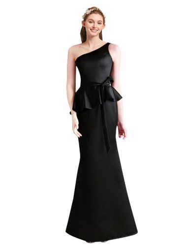 Cheap Long One Shoulder Satin Bridesmaid Dress with Bow Ties UK