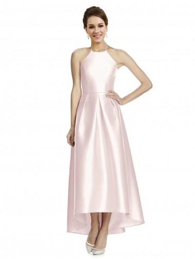 Cheap Long High-Low Halter Satin Bridesmaid Dress with Criss-Cross Back UK
