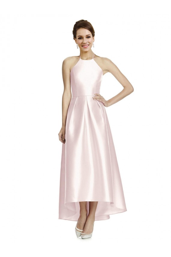 Cheap Long High-Low Halter Satin Bridesmaid Dress with Criss-Cross Back UK