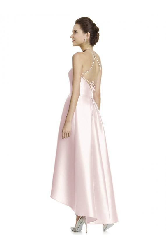 Cheap Long High-Low Halter Satin Bridesmaid Dress with Criss-Cross Back UK