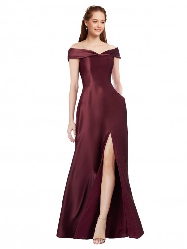 Cheap Long Off the Shoulder Formal Satin Bridesmaid Dress / Prom Dress with Thigh-high Slit UK
