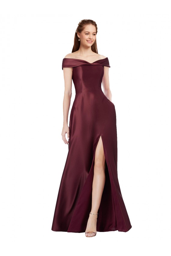 Cheap Long Off the Shoulder Formal Satin Bridesmaid Dress / Prom Dress with Thigh-high Slit UK