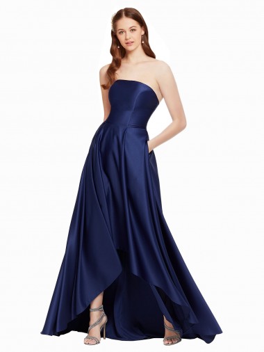 Cheap High Low Strapless Formal Satin Bridesmaid Dress / Prom Dress with Pockets UK