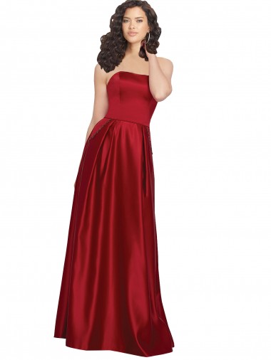 Cheap Strapless Satin Bridesmaids Dress with Beaded Pocket and Soft Pleating UK