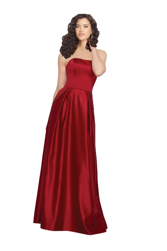 Cheap Strapless Satin Bridesmaids Dress with Beaded Pocket and Soft Pleating UK