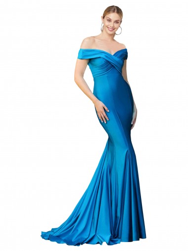 Cheap Off the Shoulder Long Chapel Train Formal Satin Bridesmaid Dress / Prom Dress UK