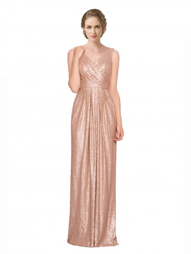 Cheap Draped V-Neck Striking Sheath Floor Length Formal Sequin Bridesmaid Dress / Prom Dress UK