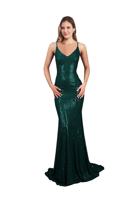 Cheap Fishtail Shaped V-Neck Open Back Long Formal Sequin Bridesmaid Dress / Prom Dress UK