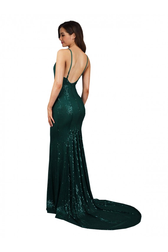 Cheap Fishtail Shaped V-Neck Open Back Long Formal Sequin Bridesmaid Dress / Prom Dress UK
