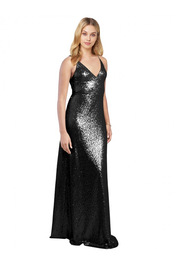 Cheap Full Length A-Line Formal Sequin Bridesmaid Dress / Prom Dress with Spaghetti Straps V-Neckline UK