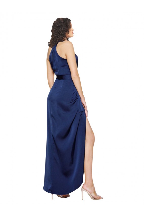 Cheap Full Length High Neck Wrap Formal Silky Satin Bridesmaid Dress / Prom Dress with Waist Tie UK