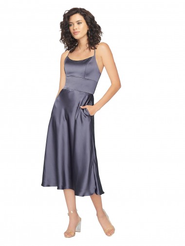 Cheap Midi Cocktail Length Silky Satin Bridesmaid Dress / Prom Dress with Open Tied Back & Pockets UK