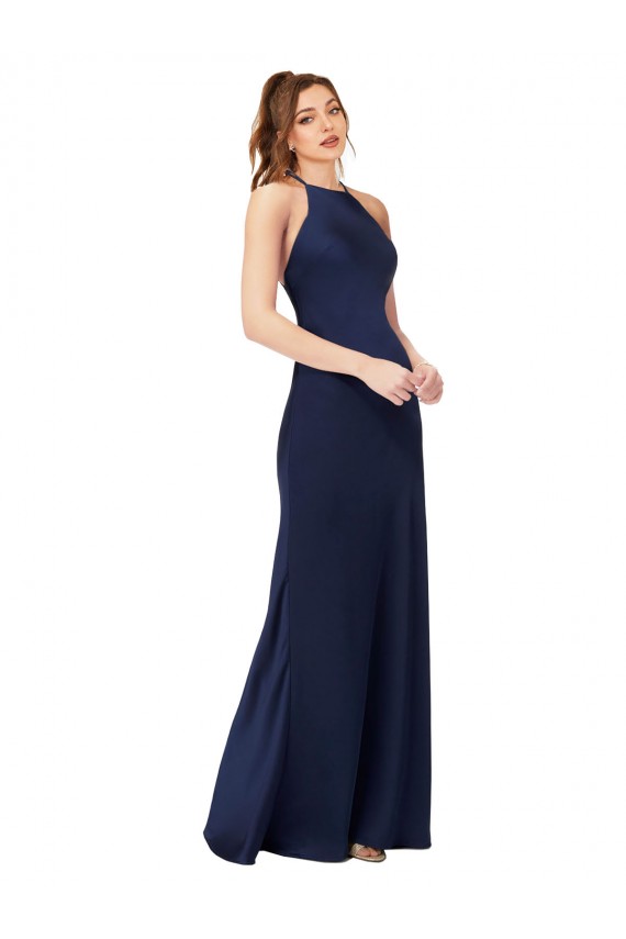 Cheap High Neck Satin Bridesmaid Dress / Prom Dress with Strappy Back UK