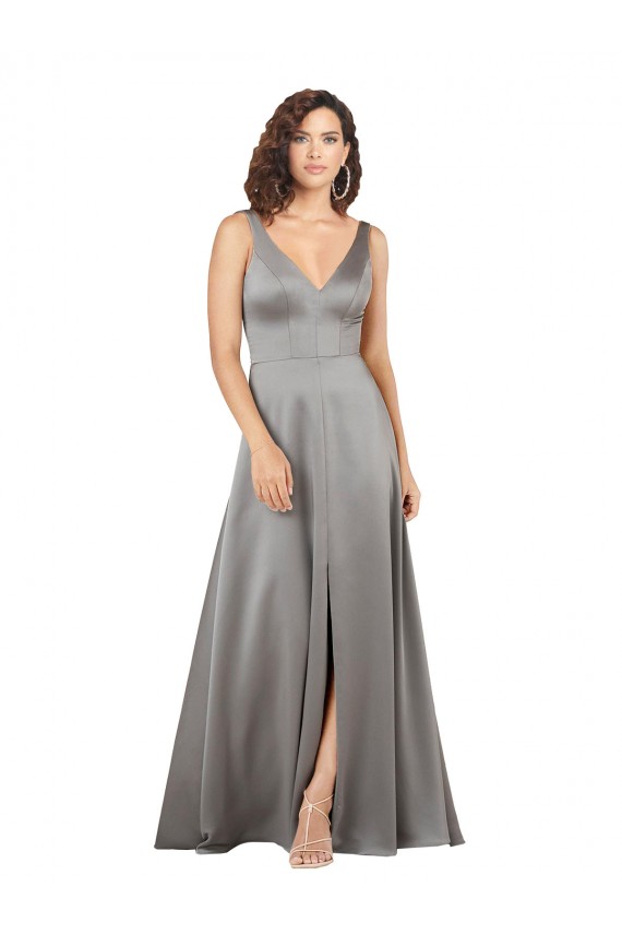 Cheap Plunging V-Neckline Long A-Line Formal Silky Satin Bridesmaid Dress / Prom Dress UK