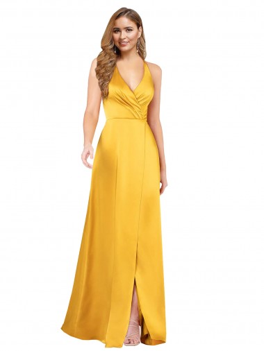 Cheap Halter A-Line Formal Silky Satin Bridesmaid Dress / Prom Dress with V-Neckline and Slit UK