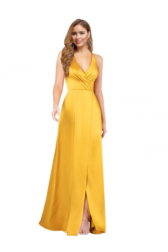 Cheap Halter A-Line Formal Silky Satin Bridesmaid Dress / Prom Dress with V-Neckline and Slit UK