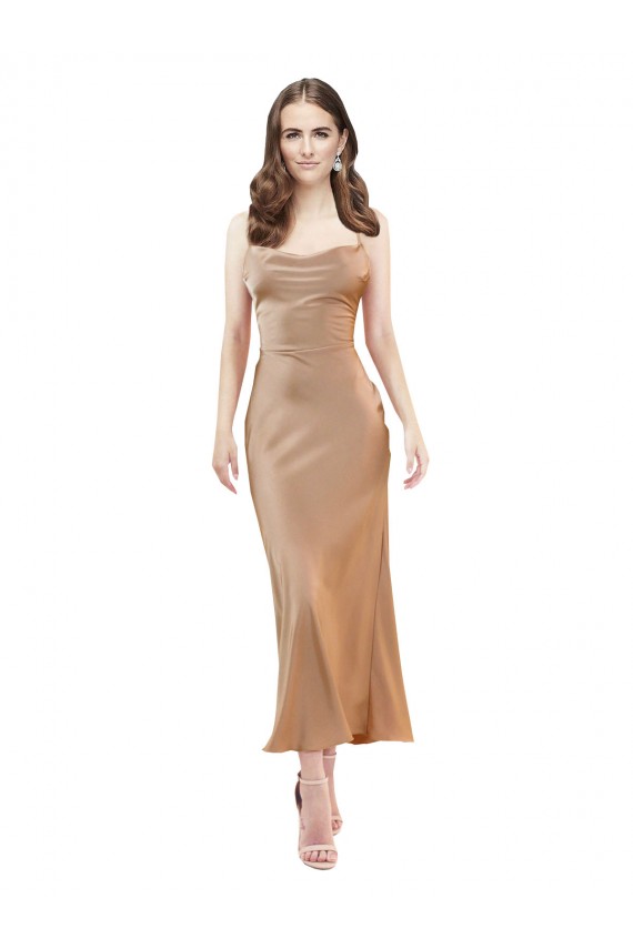 Cheap Cowl Neck Formal Silky Satin Midi Length Bridesmaid Dress / Cocktail Prom Dress Low Back UK