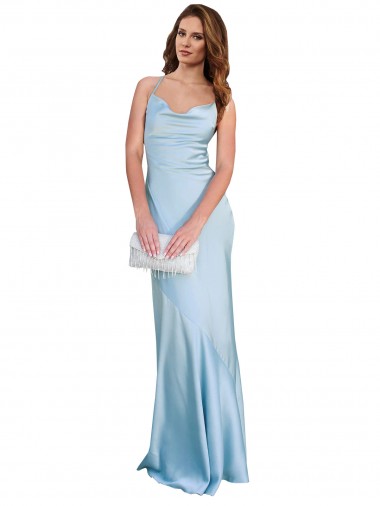 Cheap Open Back with Ties Cowl Neck Sheath Formal Silky Satin Long Bridessmaid Dress UK