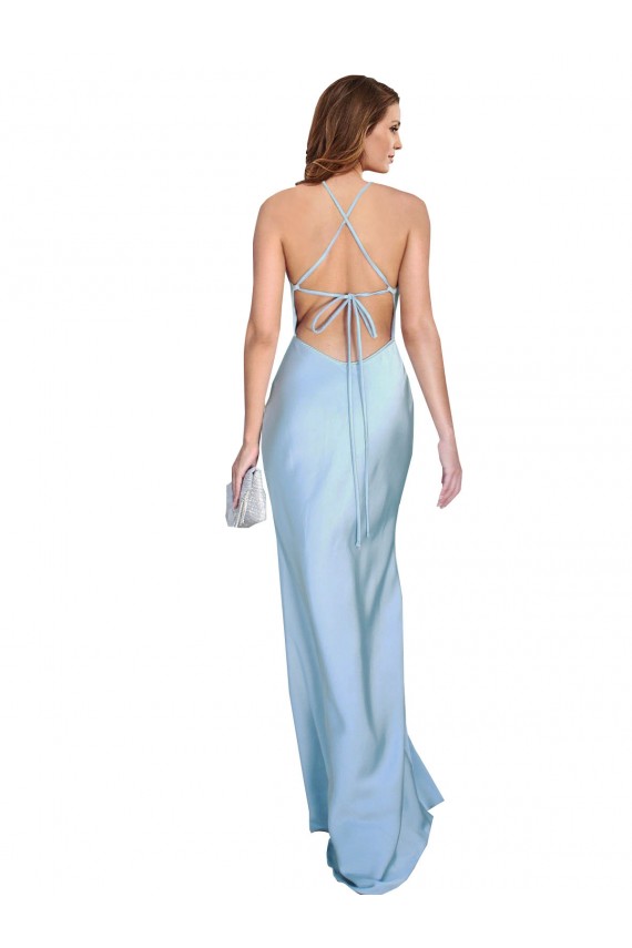 Cheap Open Back with Ties Cowl Neck Sheath Formal Silky Satin Long Bridessmaid Dress UK