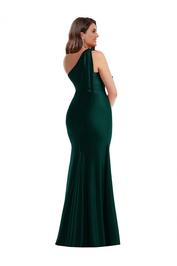 Cheap Cascading Bow One Shoulder Formal Silky Satin Mermaid Bridesmaid Dress / Prom Dress with Front Slit UK
