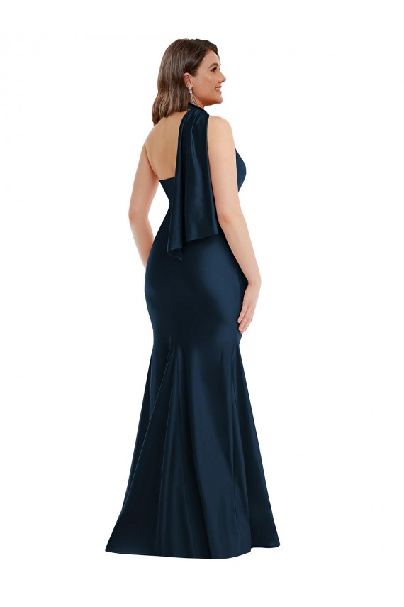 Cheap Scarf Neck One Shoulder Formal Silky Satin Mermaid Bridesmaid Dress / Prom Dress with Front Slit UK