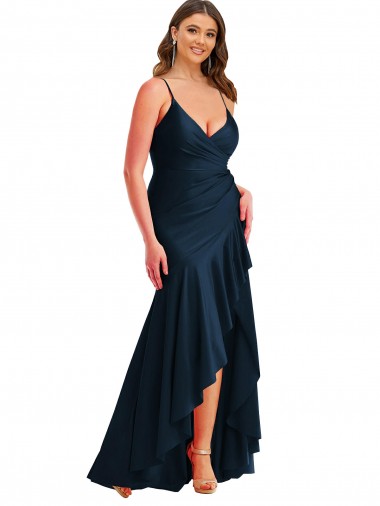 Cheap Pleated Wrap Ruffled High Low Formal Silky Satin Bridesmaid Dress / Prom Dress UK