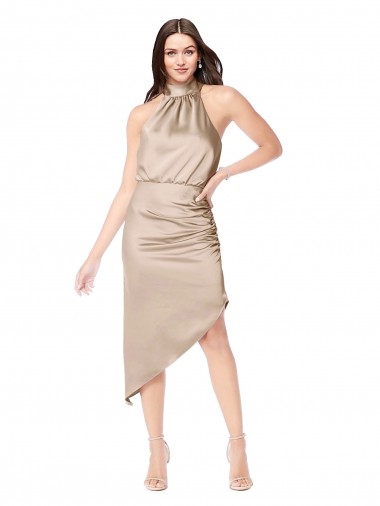 Cheap Silky Satin High Low Midi Cocktail Length Bridesmaid Dress / Prom Dress with Asymmetric Skirt UK