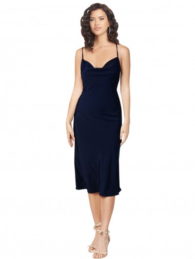 Cheap Short Cocktail Midi Length Formal Silky Satin Bridesmaid Dress / Prom Dress with Cowl Neck and Cross Back Straps UK