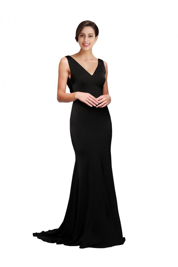 Cheap V-Neck Full Length Formal Silky Satin Bridesmaid Dress / Prom Dress with Soft Cowl Neck and Sweep Train UK
