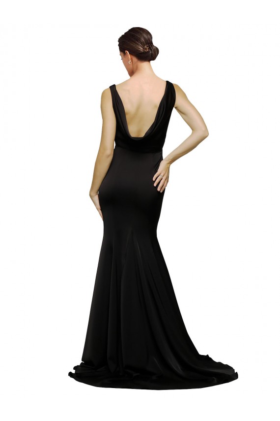 Cheap V-Neck Full Length Formal Silky Satin Bridesmaid Dress / Prom Dress with Soft Cowl Neck and Sweep Train UK