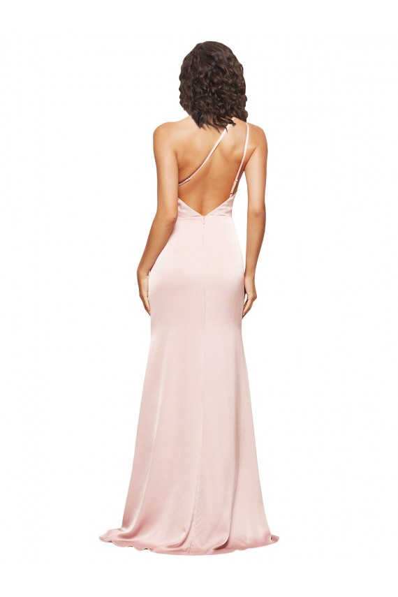 Cheap Full Length Ruched Formal Silky Satin Bridesmaid Dress / Prom Dress with Low Back and High Split UK