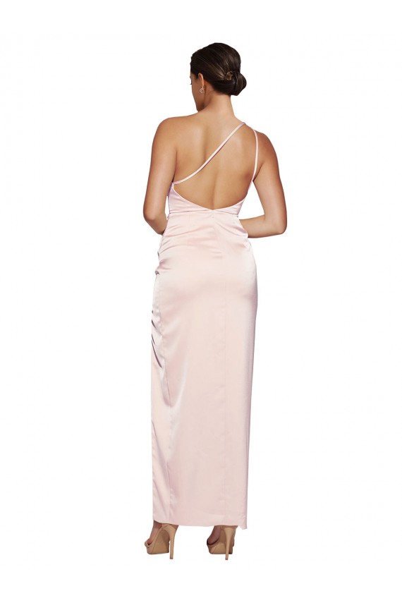 Cheap One Shoulder Full Length Long Silky Satin Bridesmaid Dress / Prom Dress with Thigh Split UK