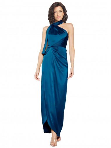 Cheap High Halter Neck Formal Silky Satin Bridesmaid Dress / Prom Dress with Sash Overlay and Side Split UK