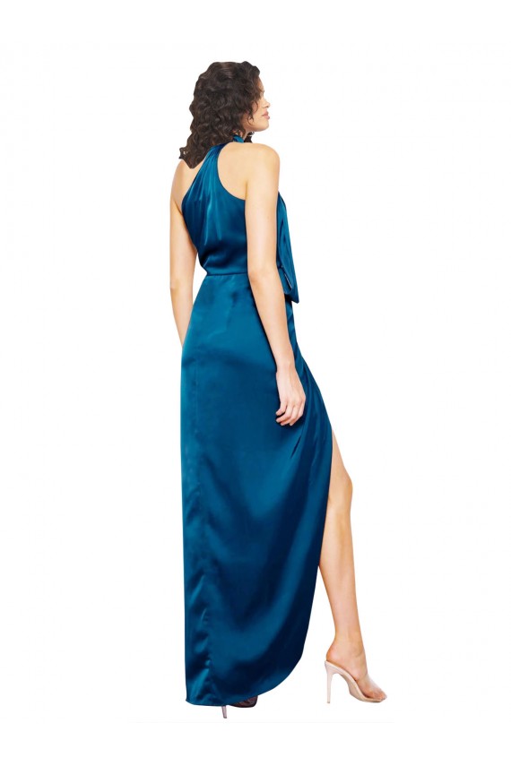 Cheap High Halter Neck Formal Silky Satin Bridesmaid Dress / Prom Dress with Sash Overlay and Side Split UK