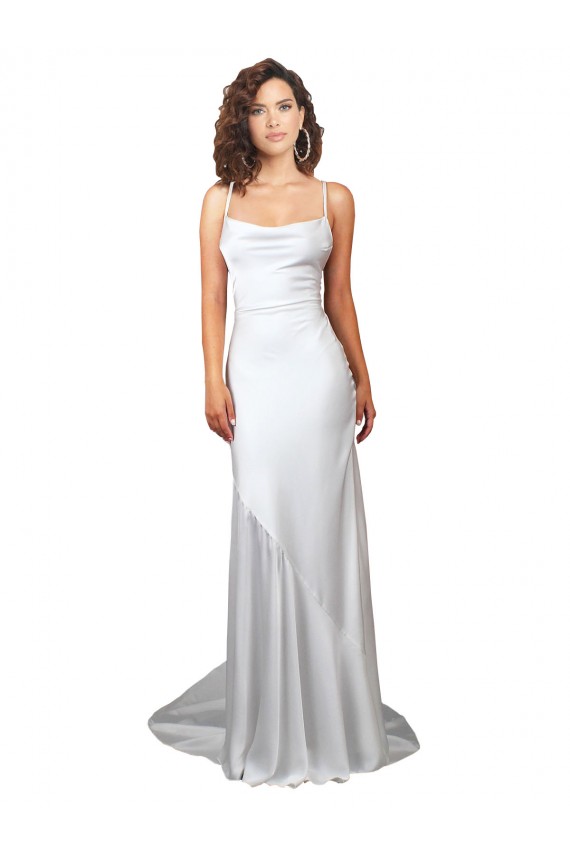 Cheap Simple Lace Up Back Cowl Neck Long Sweep Train Silky Satin Beach Wedding Dress UK