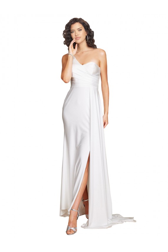 Cheap One Shoulder Floor Length Silky Satin Wedding Dress with Side Slit UK