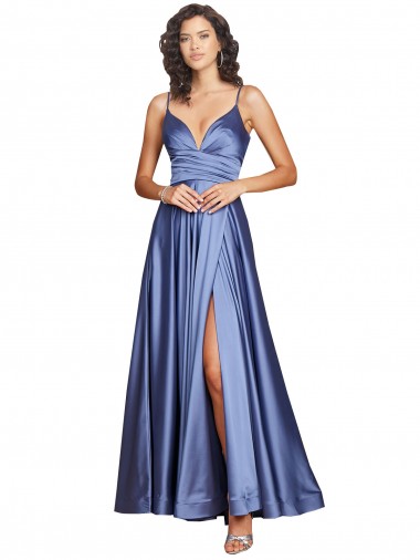 Cheap Deep V-Neck Sweetheart Long Formal Silky Satin Bridesmaid Dress / Prom Dress with Thigh High Slit UK