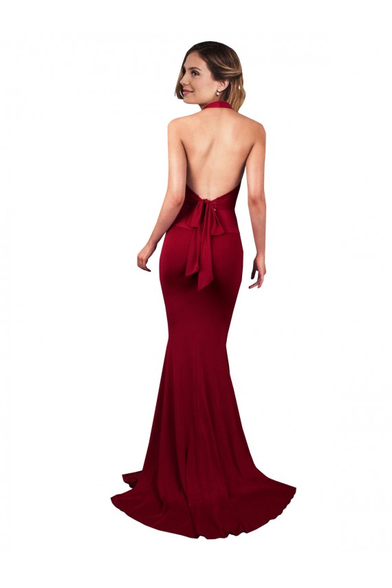 Cheap Halter Mermaid Plunge V-Neckline Open Back Bow Tie Formal Spandex Bridesmaid Dress / Prom Dress UK
