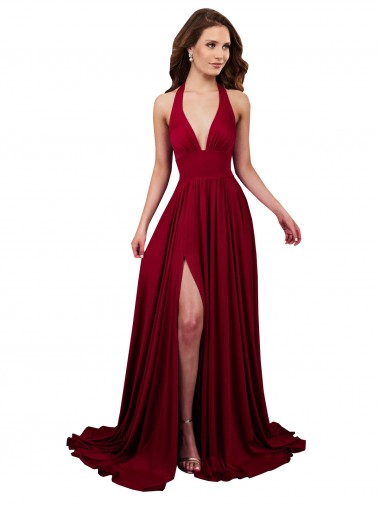 Cheap A-Line Halter Plunge V-Neckline Open Back Formal Spandex Bridesmaid Dress / Prom Dress with Slit UK